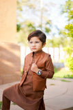 Almond Brown Stylish Blended Suiting Waistcoat Ensemble For Boys