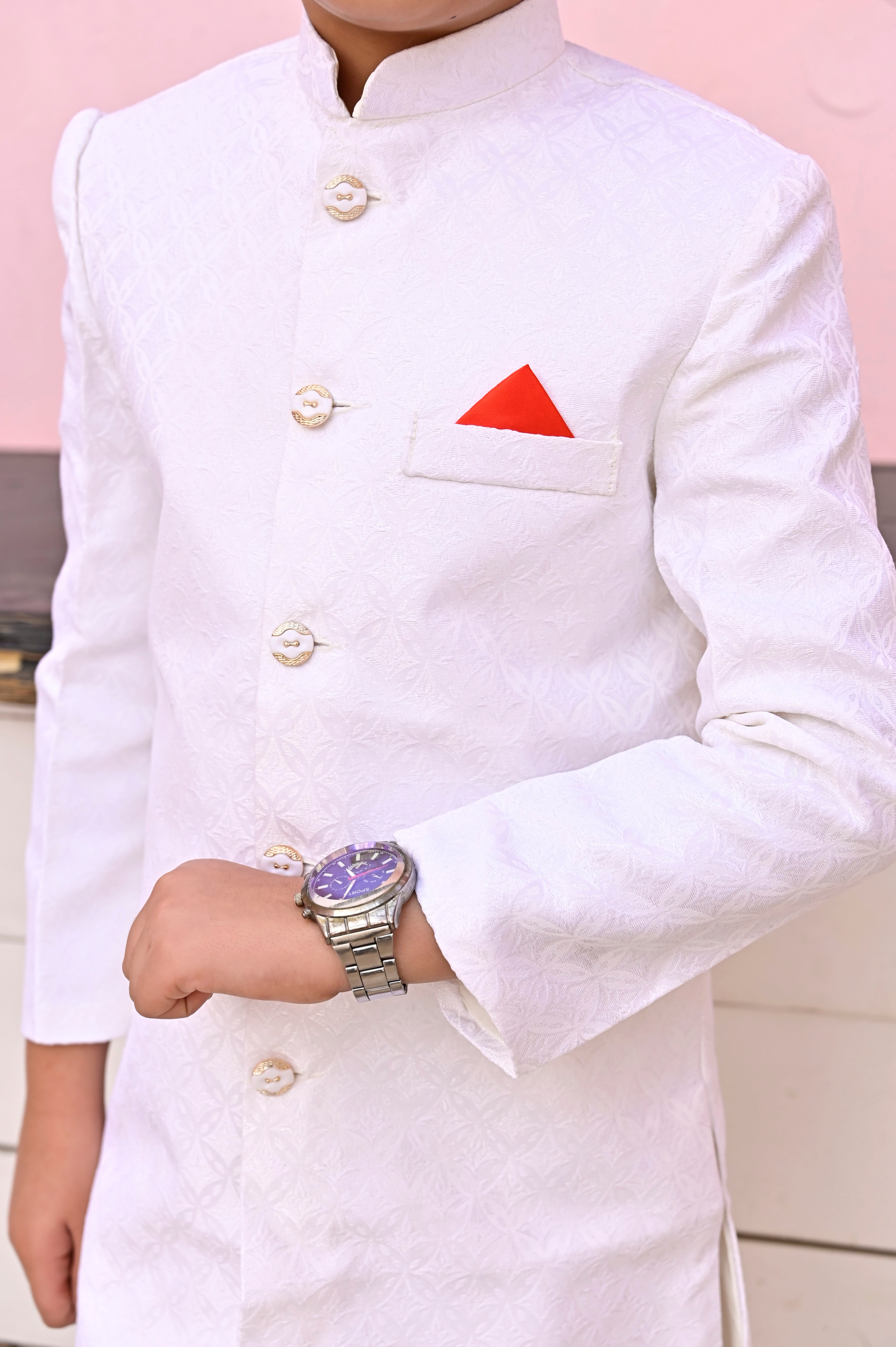 Sophisticated Off-White Sherwani Crafted from Luxurious Jamawar Fabric For Boys