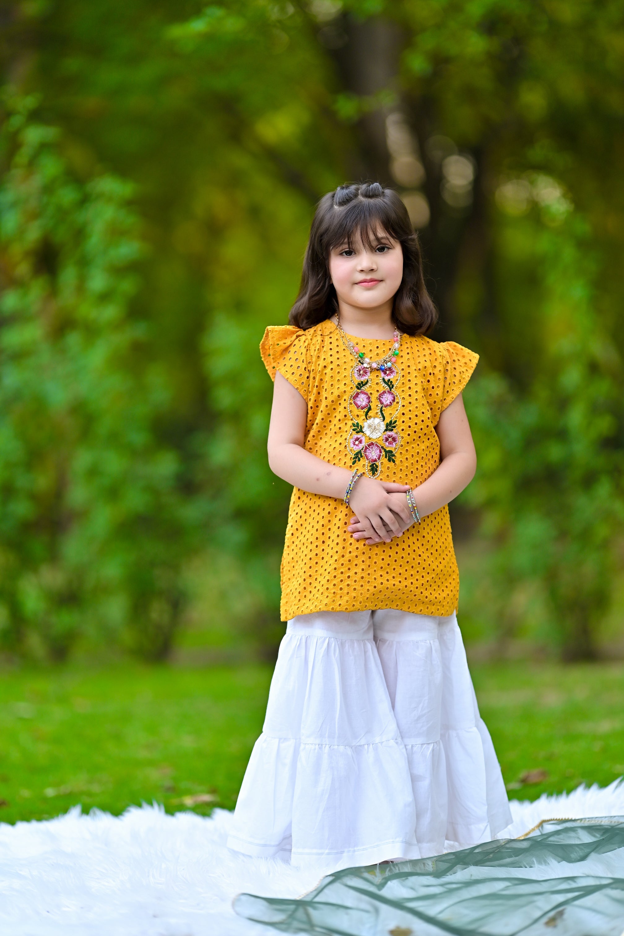 Mustard Embroidered Garara Set For Girls