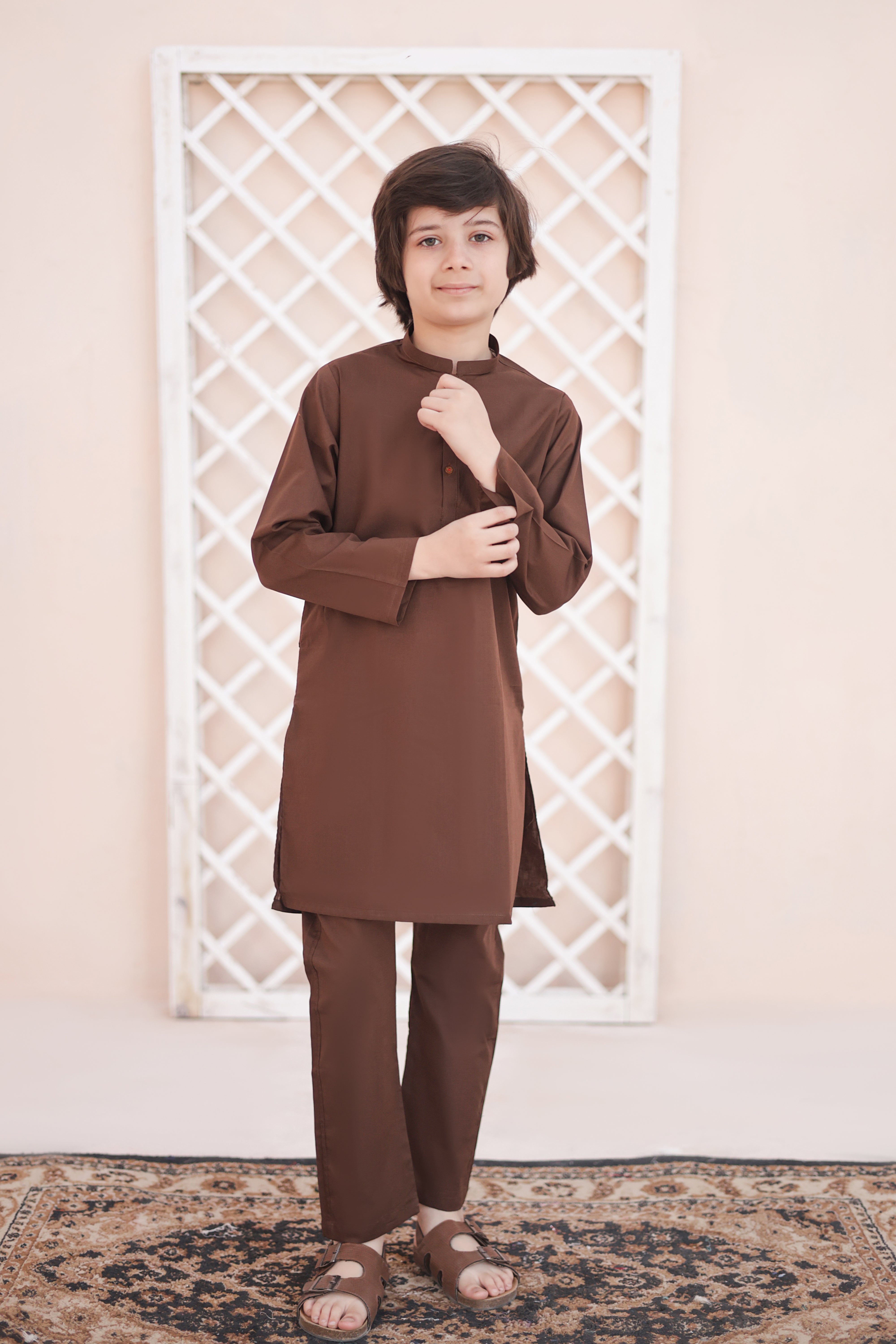 Wood Brown Kurta and Trouser Set For Boys