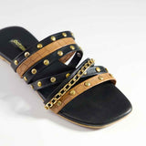 City Stud – Black & Tan Flats with Gold Studs and Chain Detail For Women