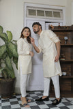 Self Golden Designer Kurta With White Trouser For Couples