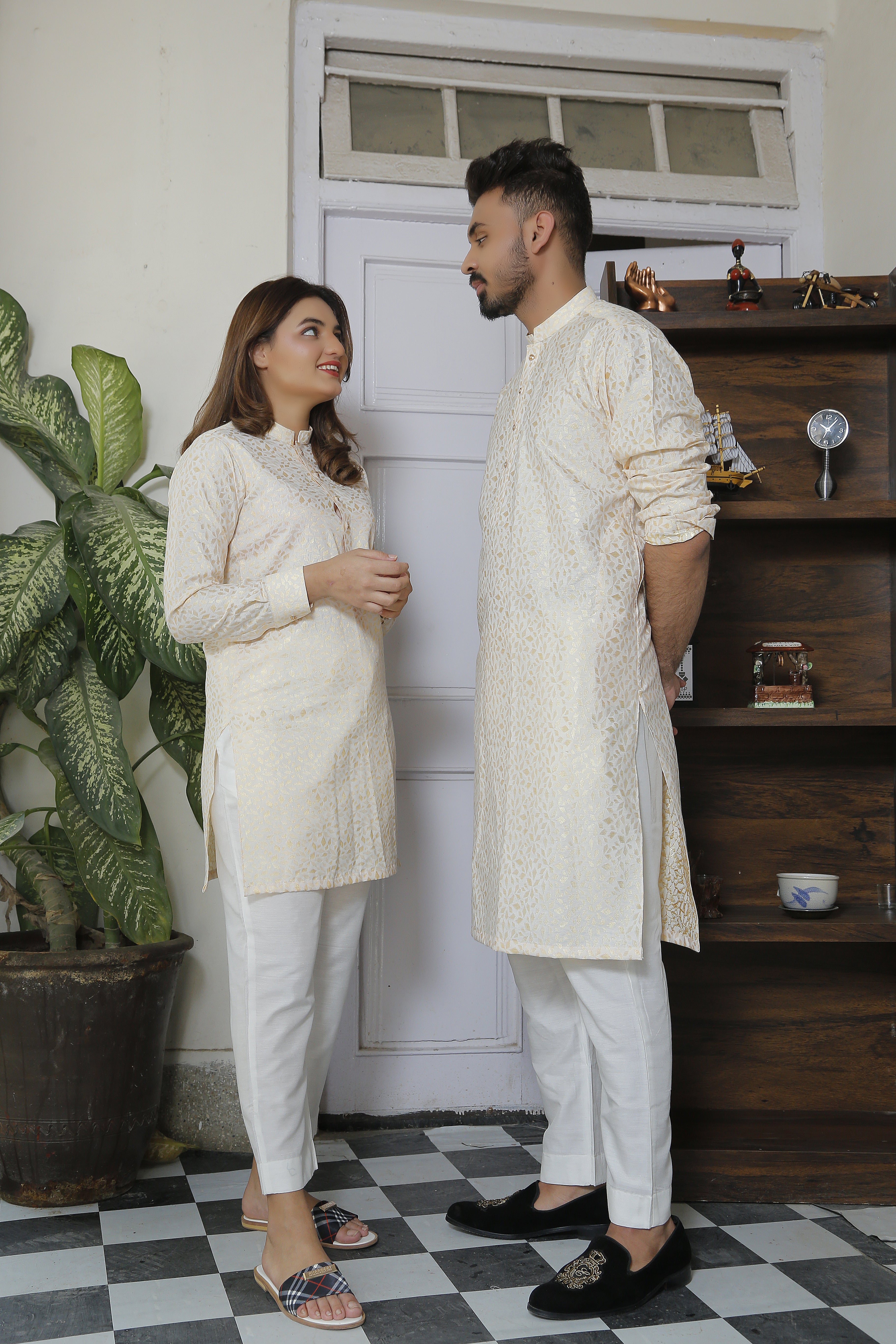 Self Golden Designer Kurta With White Trouser For Couples