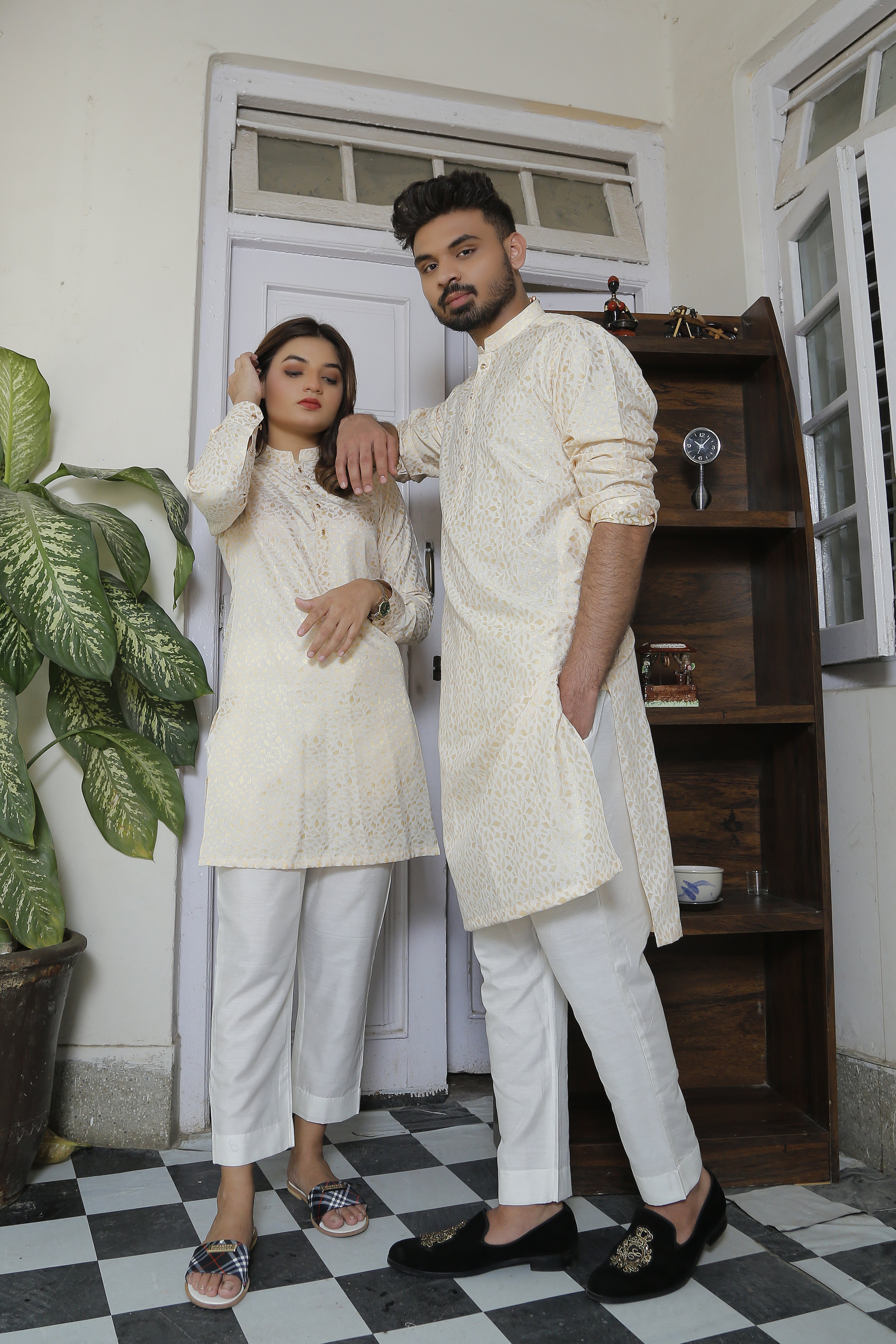 Self Golden Designer Kurta With White Trouser For Couples