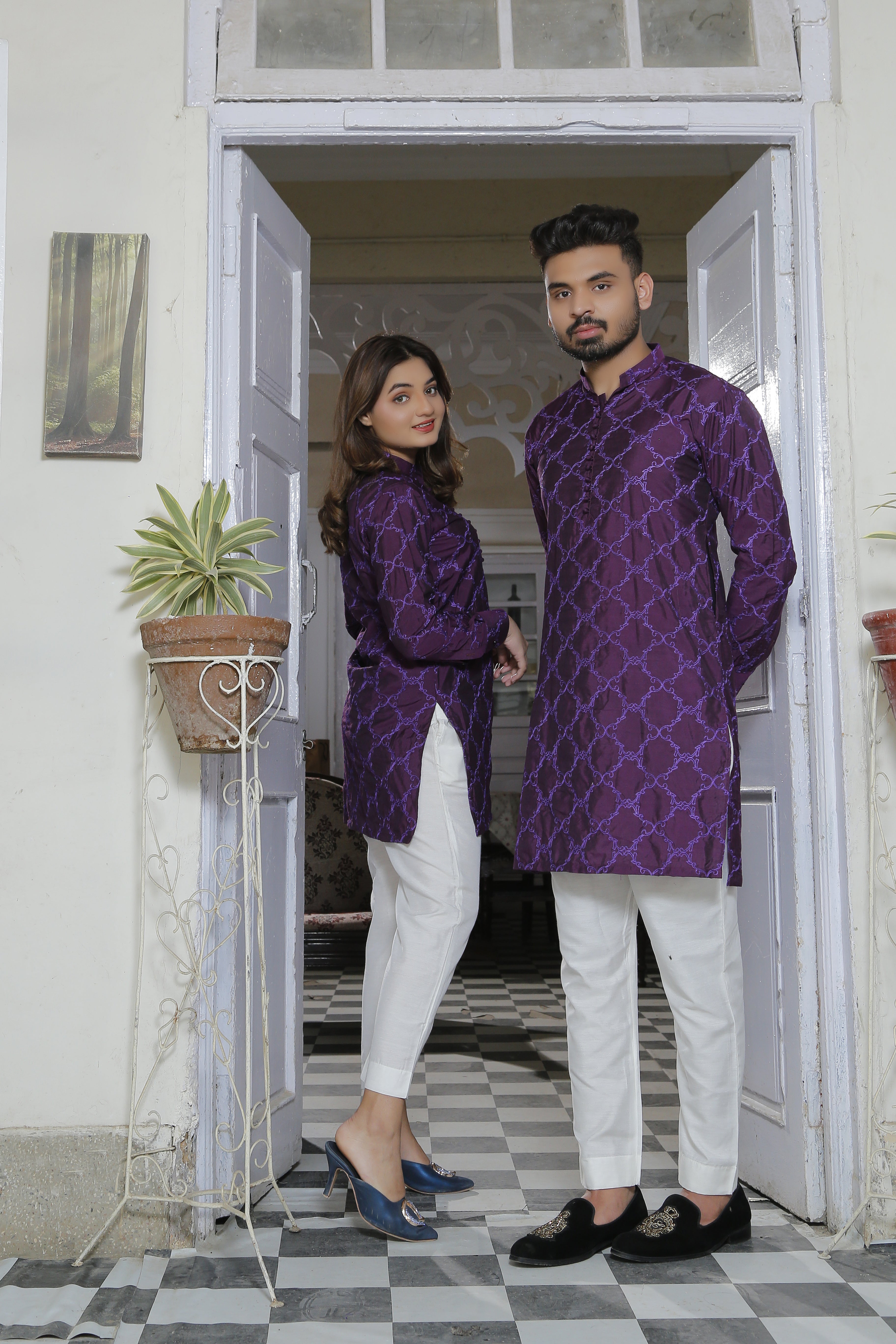 Purple Color Embroidered Kurta With White Trouser For Couple