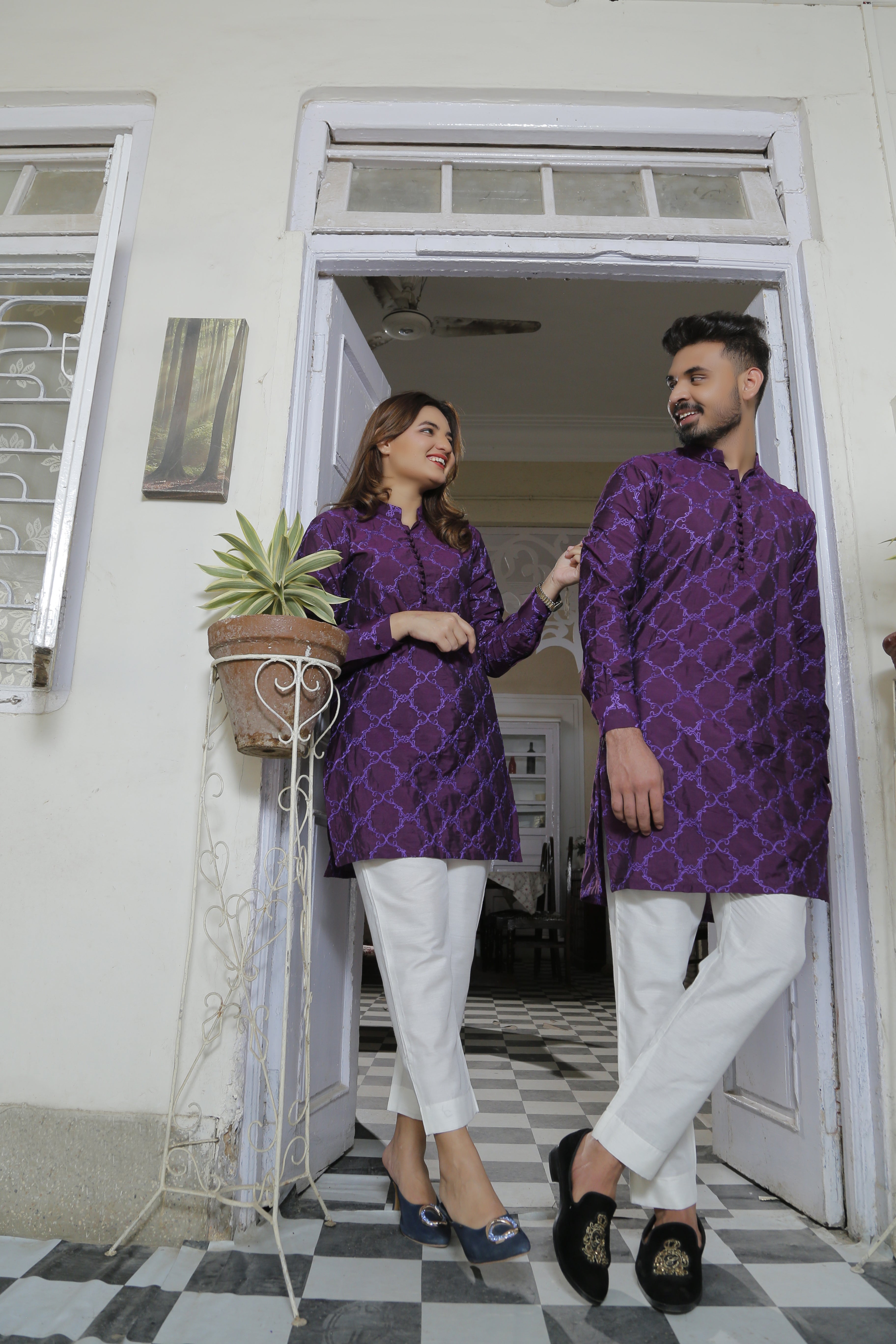 Purple Color Embroidered Kurta With White Trouser For Couple