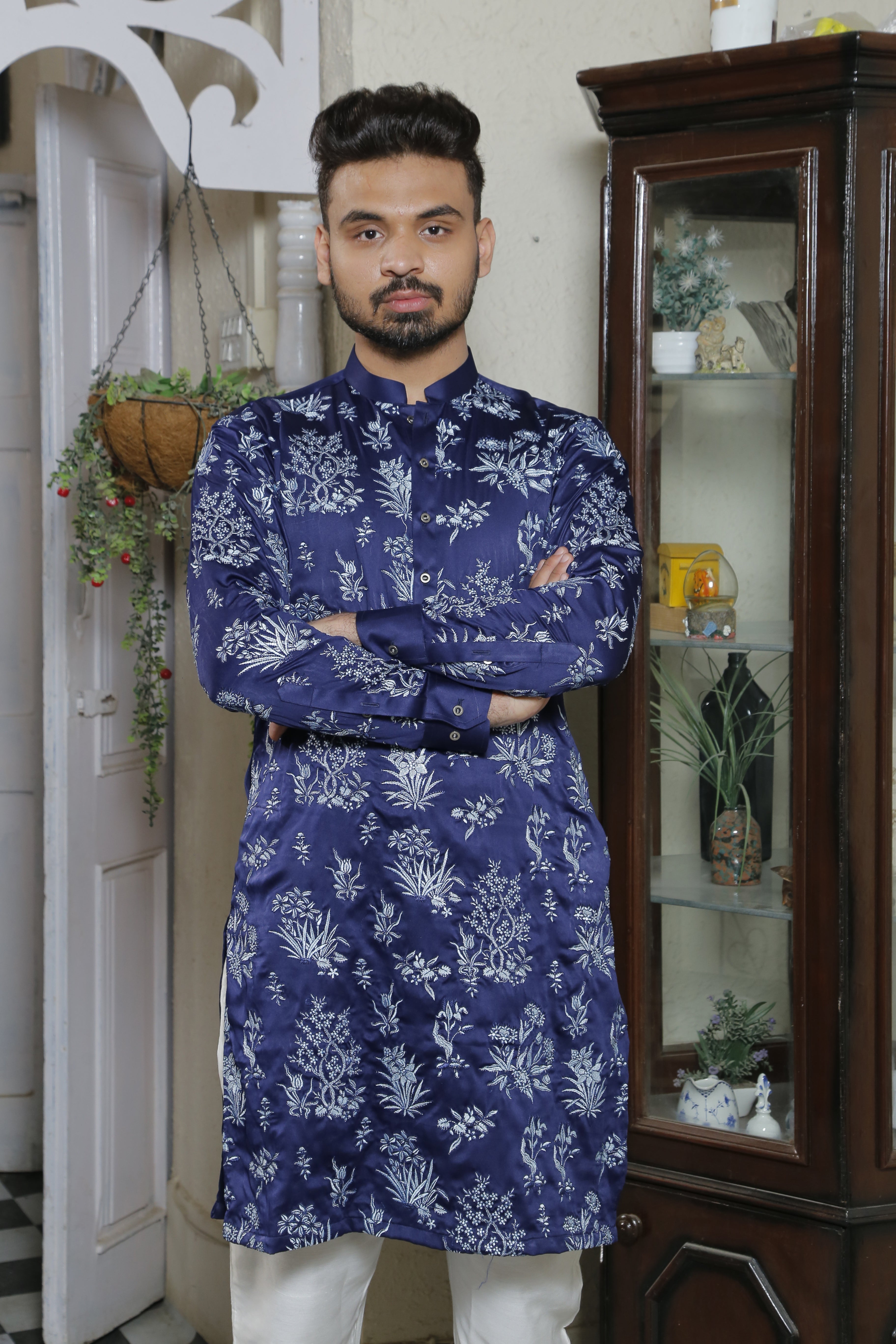 Bluish Color With Floral Embroidered Kurta With White Trouser For Couples