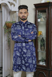 Bluish Color With Floral Embroidered Kurta With White Trouser For Couples