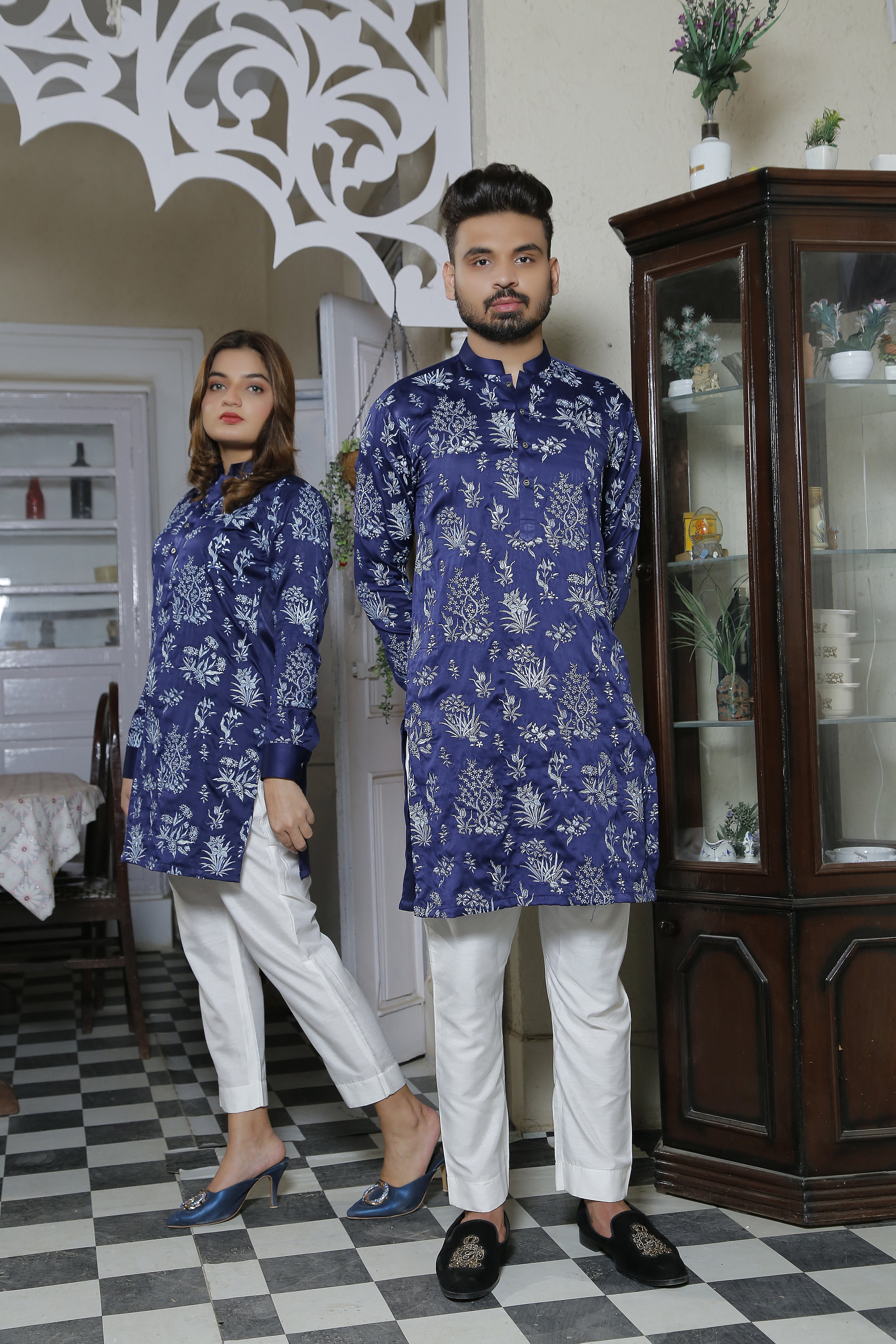 Bluish Color With Floral Embroidered Kurta With White Trouser For Couples