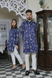 Bluish Color With Floral Embroidered Kurta With White Trouser For Couples