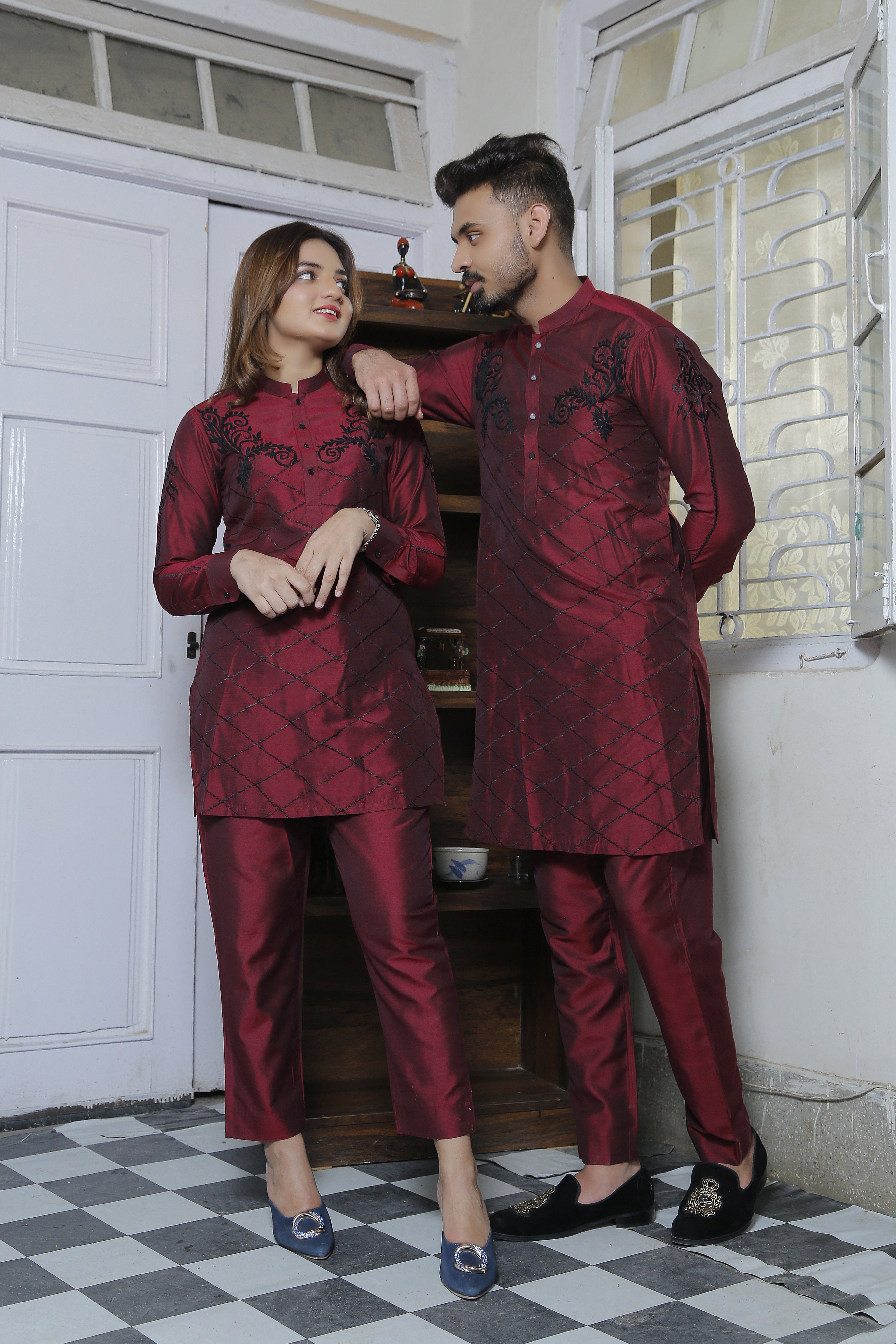 Maroon Cotton Silk Kurta Pajama With Black Extravagant Embroidery For Couples
