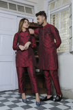 Maroon Cotton Silk Kurta Pajama With Black Extravagant Embroidery For Couples