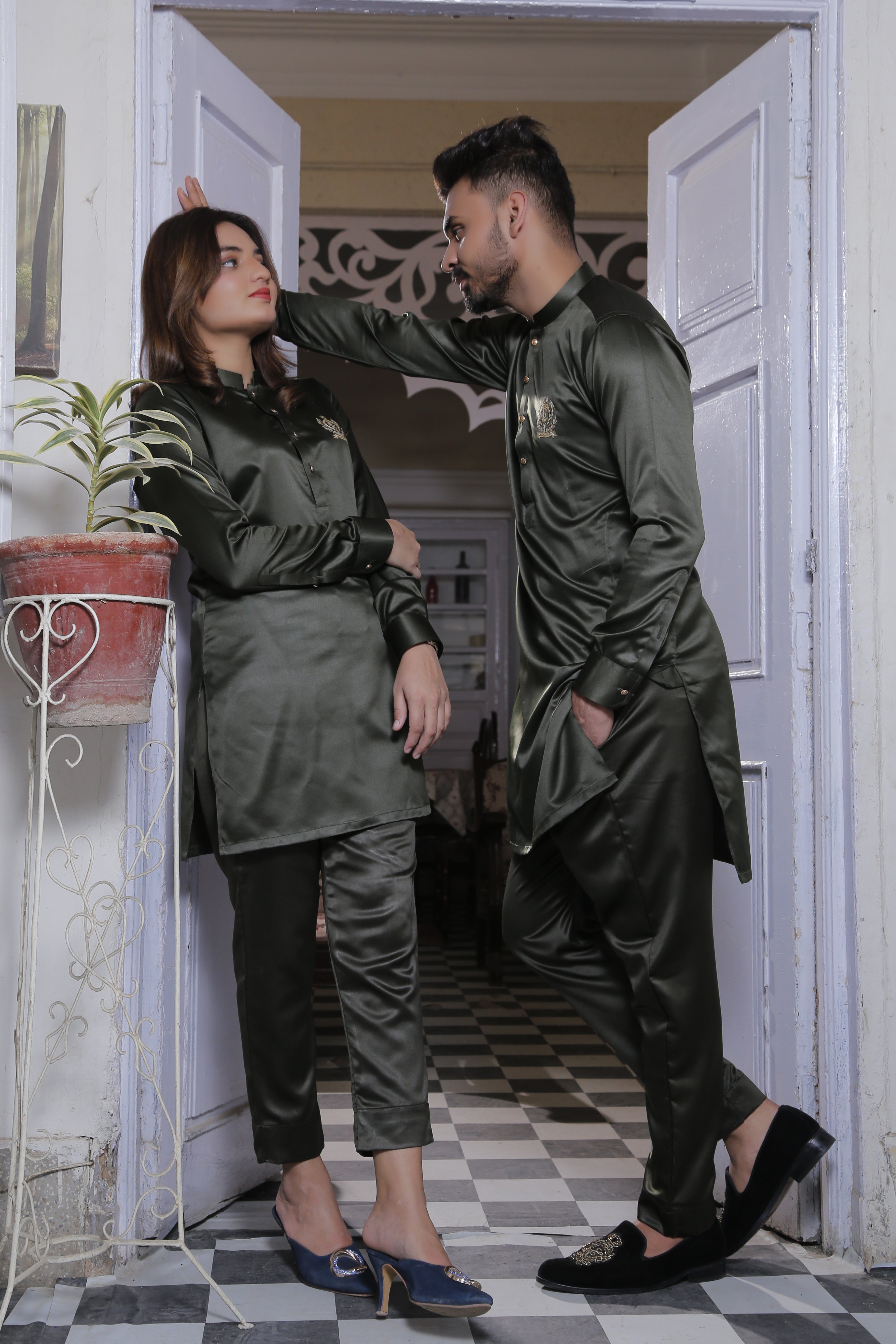 Olive Green Kurta Pajama With Gold Buttons For Couples