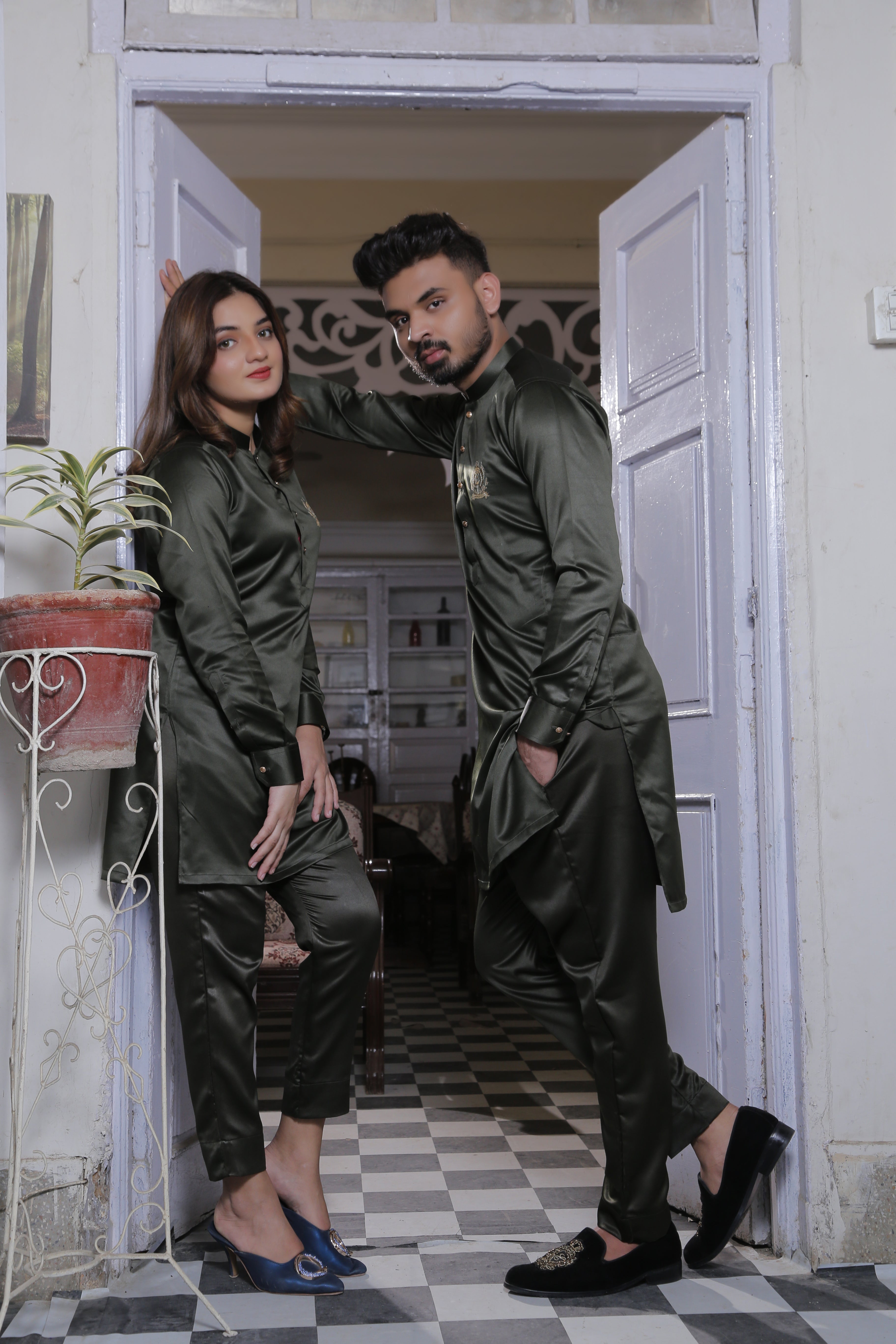 Olive Green Kurta Pajama With Gold Buttons For Couples