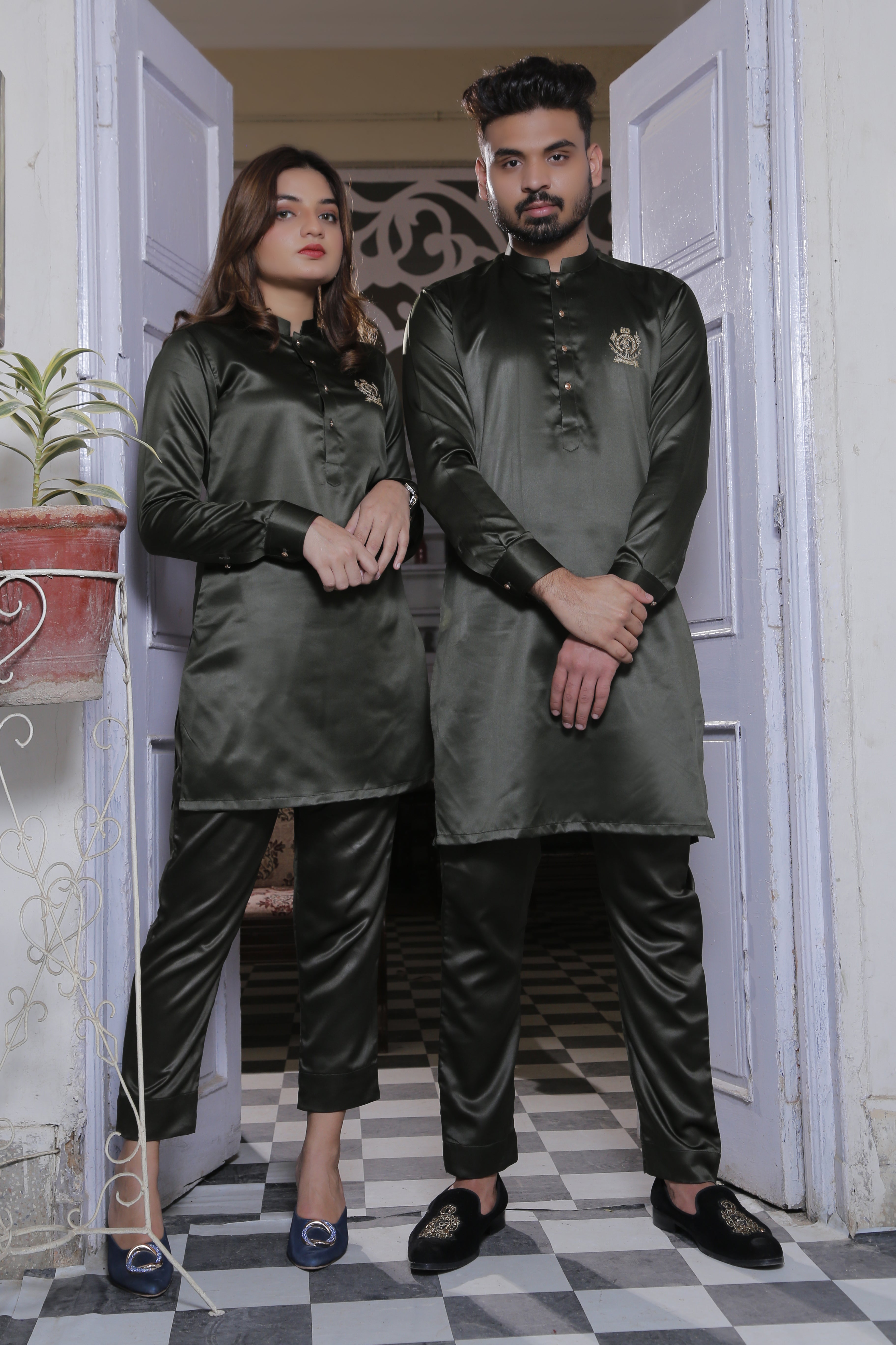 Olive Green Kurta Pajama With Gold Buttons For Couples