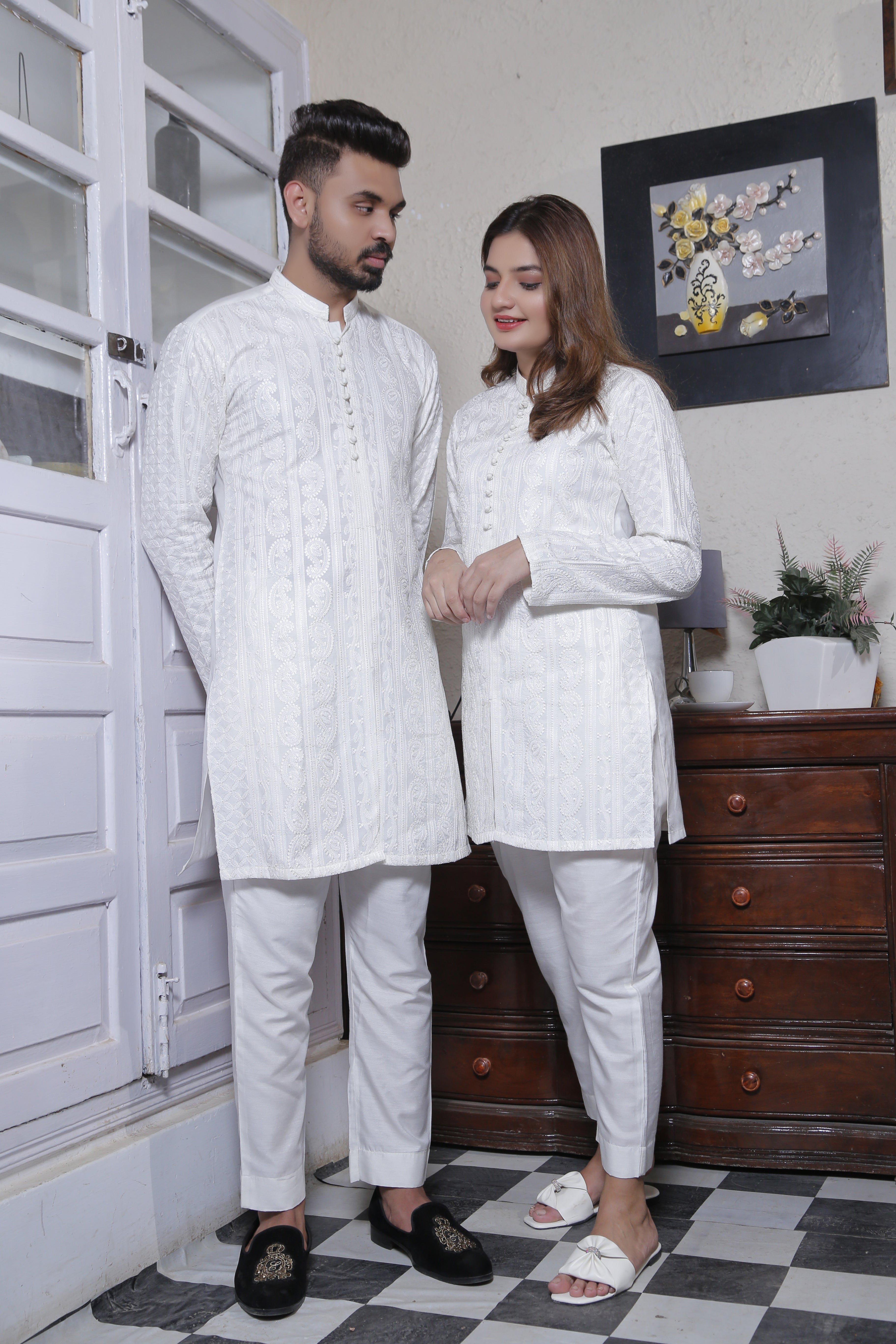 White Color Chicken Kari Kurta & Trouser For Couple