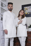 White Color Chicken Kari Kurta & Trouser For Couple