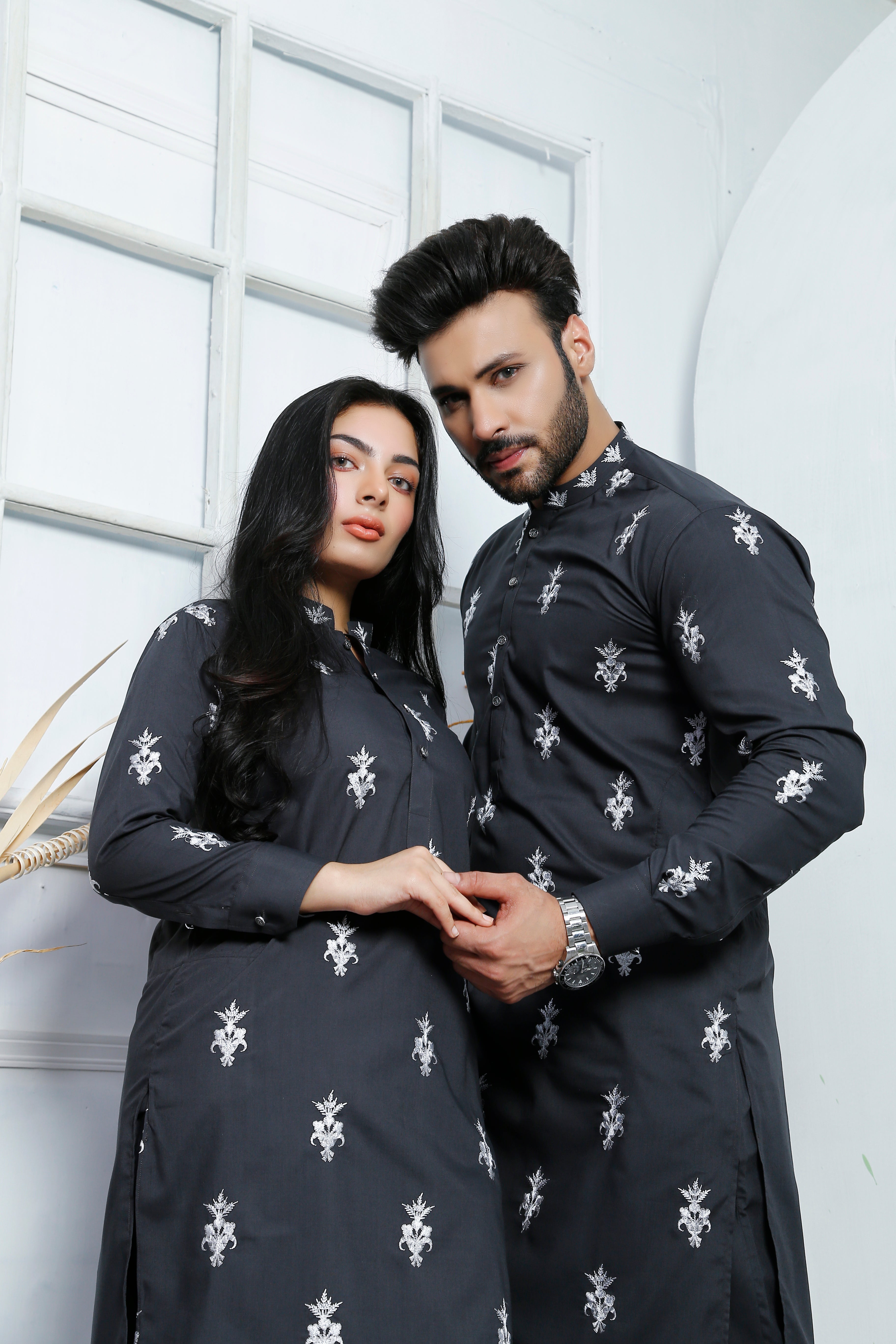 Gray Color Embroidered Kurta & Trouser For Couple