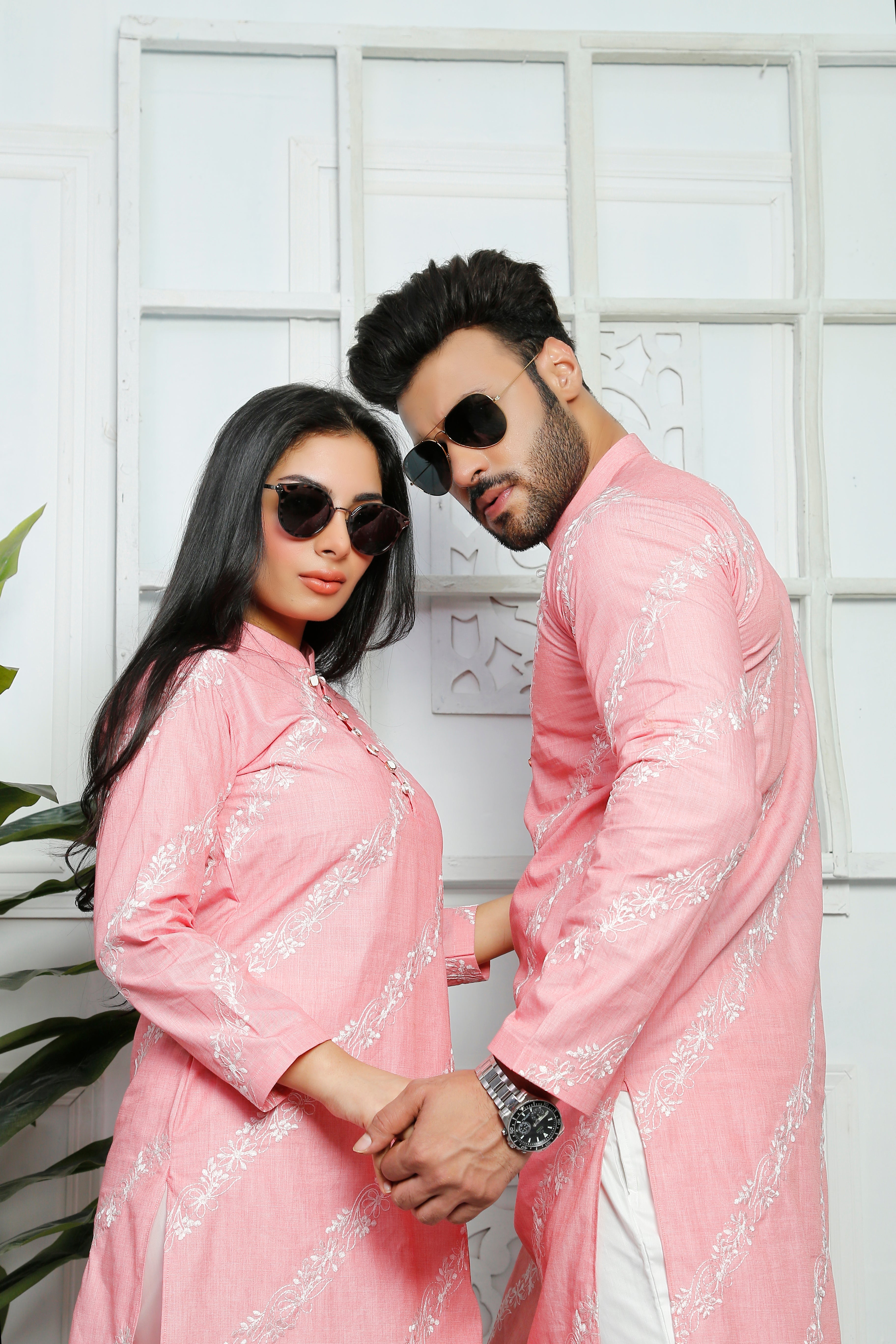 Pink Color Embroidered Kurta & Trouser For Couple