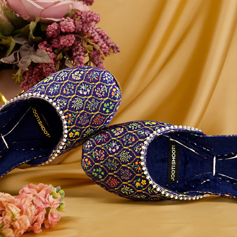 Mehfil – Navy Blue Khussas with Multicolored Print & Bead Detailing For Women