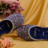 Mehfil – Navy Blue Khussas with Multicolored Print & Bead Detailing For Women