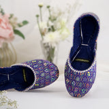 Mehfil – Navy Blue Khussas with Multicolored Print & Bead Detailing For Women