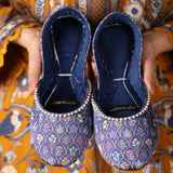 Mehfil – Navy Blue Khussas with Multicolored Print & Bead Detailing For Women