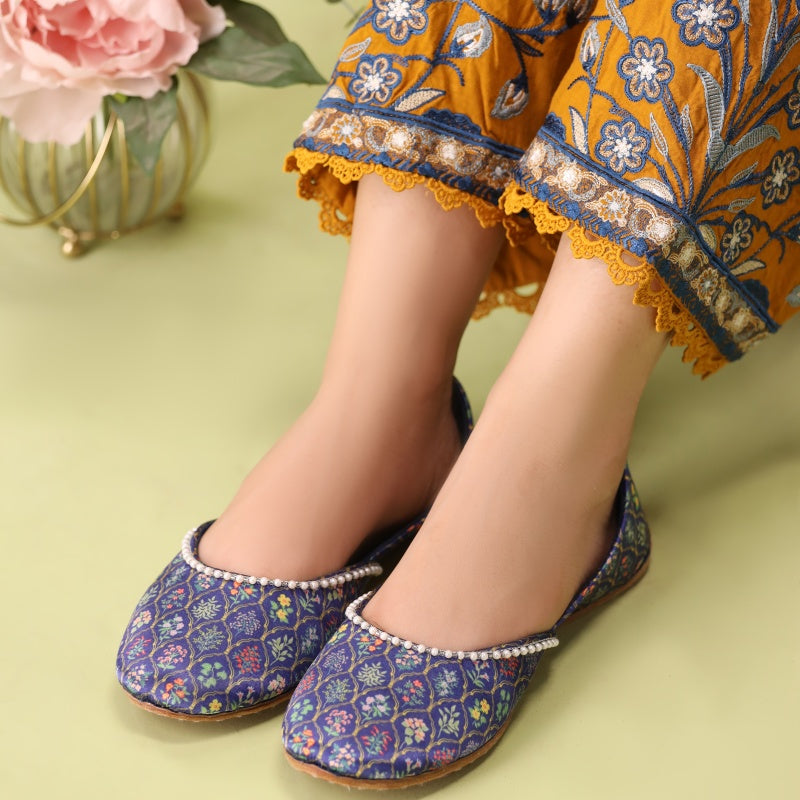 Mehfil – Navy Blue Khussas with Multicolored Print & Bead Detailing For Women