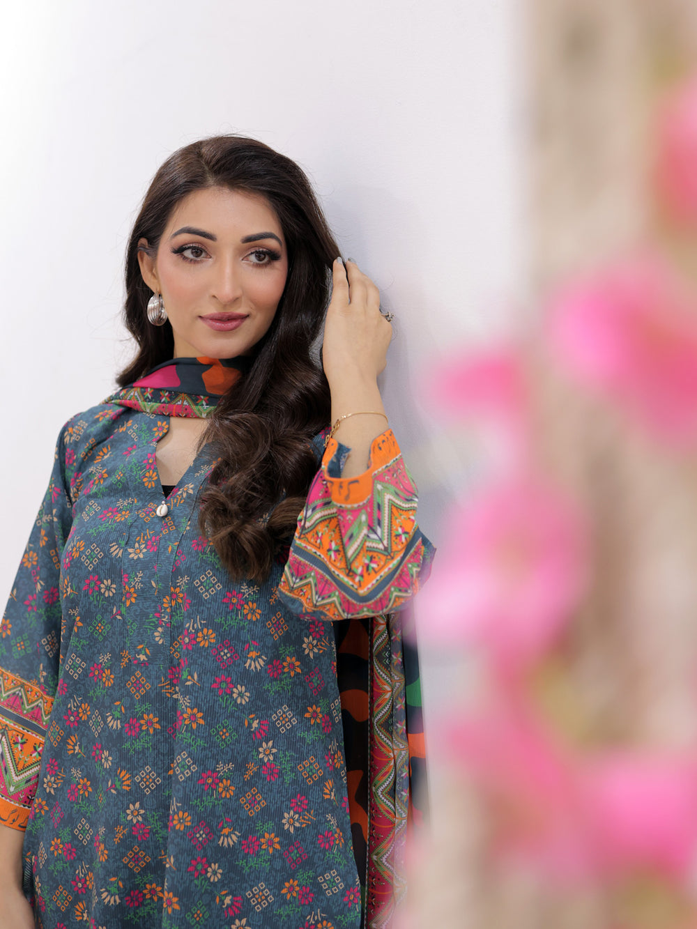 Urooj 3-Piece Stitch Swiss Lawn Ensemble with Polyester Silk Dupatta For Women