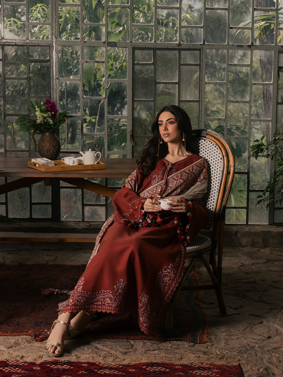 Sahal – Burnt Orange Embroidered Winter Suit For Women