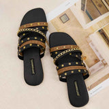 City Stud – Black & Tan Flats with Gold Studs and Chain Detail For Women