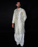 Off-White Embroidered Atlas Kameez Shalwar For Men