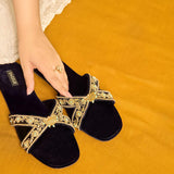 Adelline Navy Blue Velvet Cross Design Sliders By Dazzle
