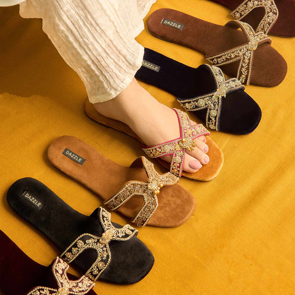 Adelline Navy Blue Velvet Cross Design Sliders By Dazzle