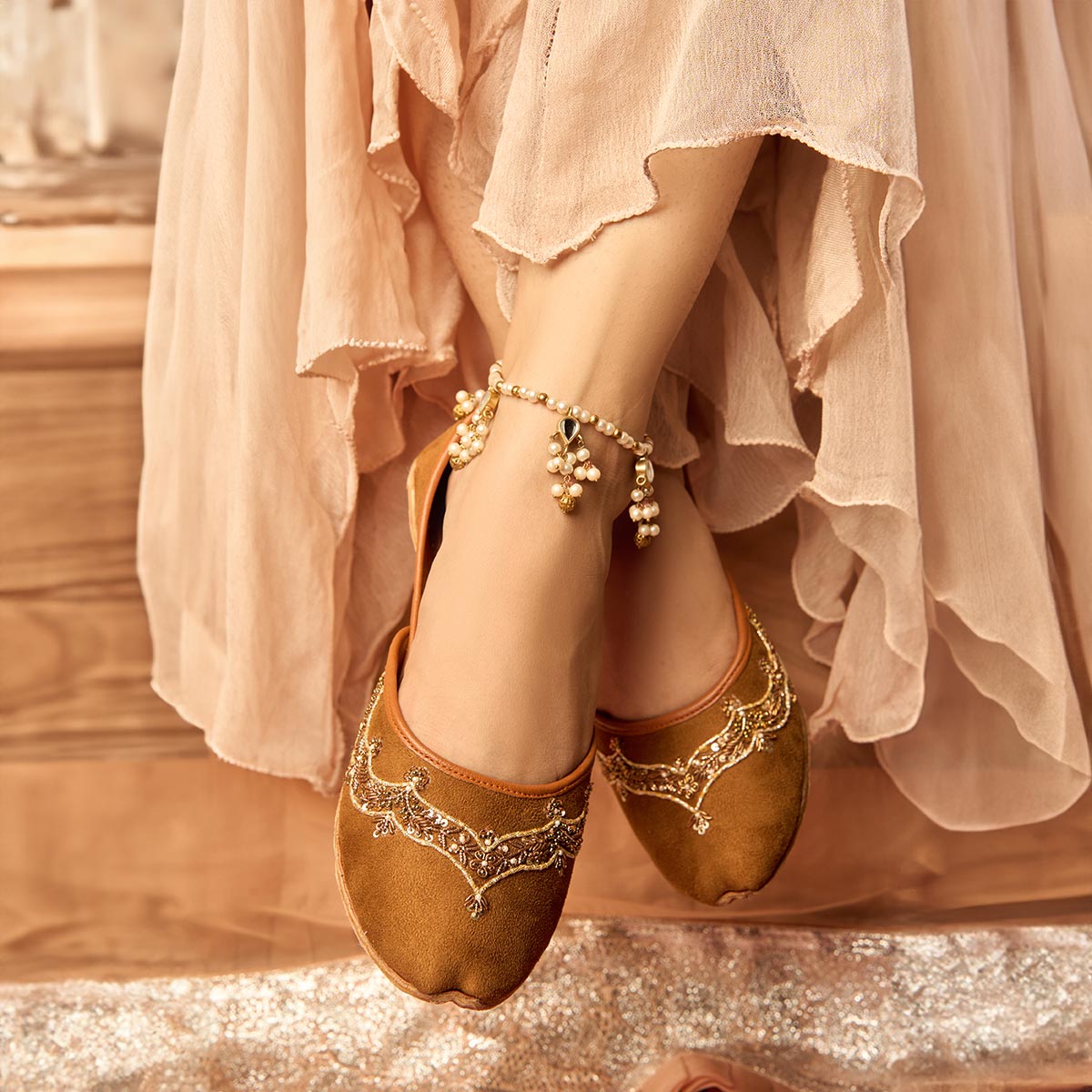 Badami Brown Khussas with Embellishments By Dazzle