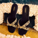 Adelline Navy Blue Velvet Cross Design Sliders By Dazzle