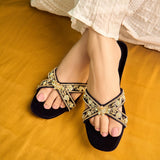 Adelline Navy Blue Velvet Cross Design Sliders By Dazzle