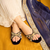 Adelline Navy Blue Velvet Cross Design Sliders By Dazzle