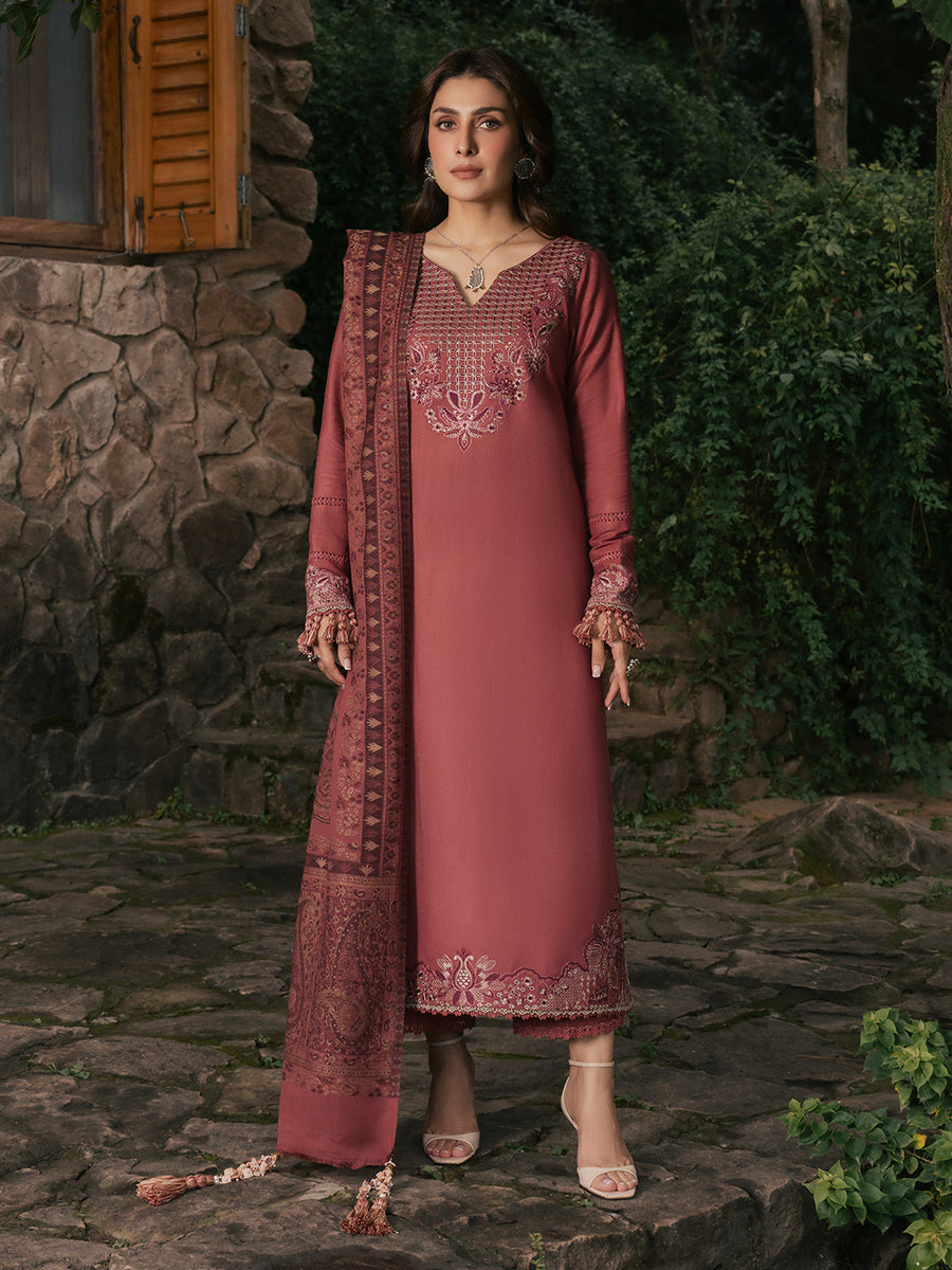 Zeba – Dusty Rose Embroidered Winter Suit For Women