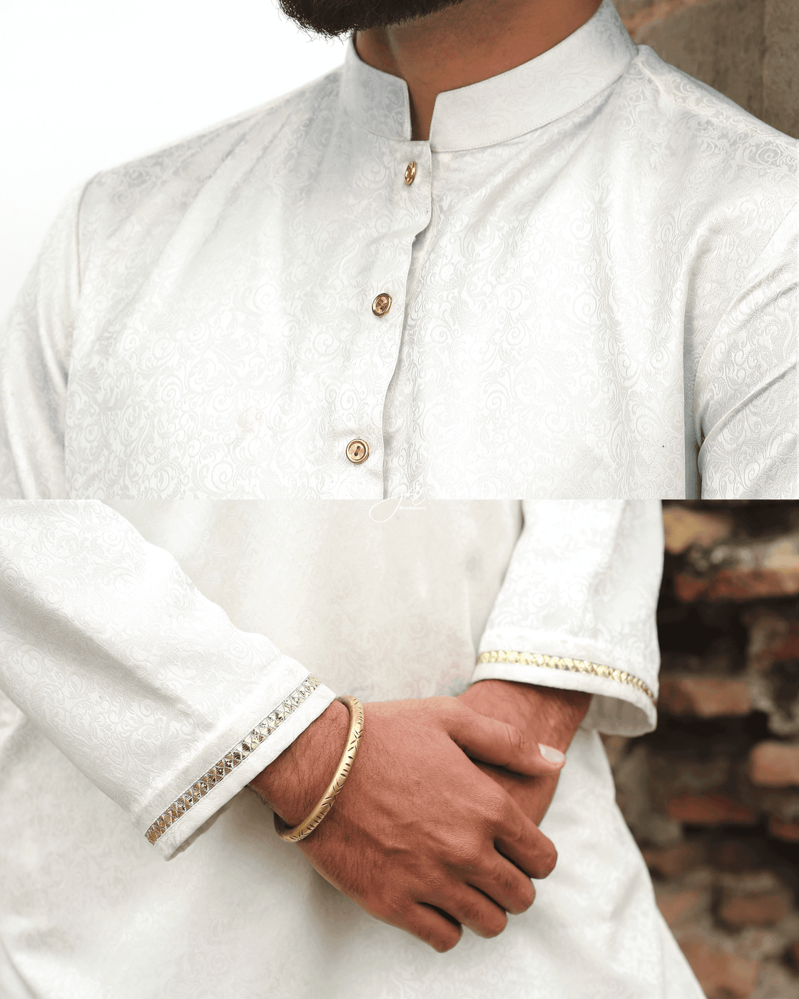 White 2-Piece Brocade Suit with Golden Detailing And With Pant For Men