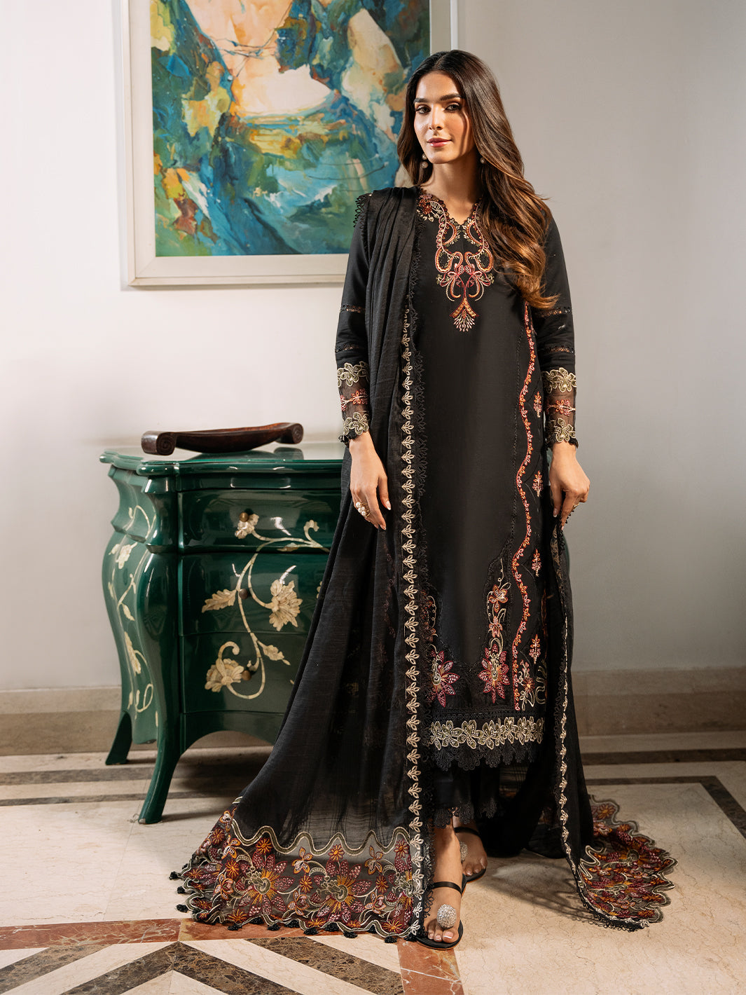 Fahima – Elegant Black Luxury Embroidered Lawn Ensemble Unstitched Suit  For Women