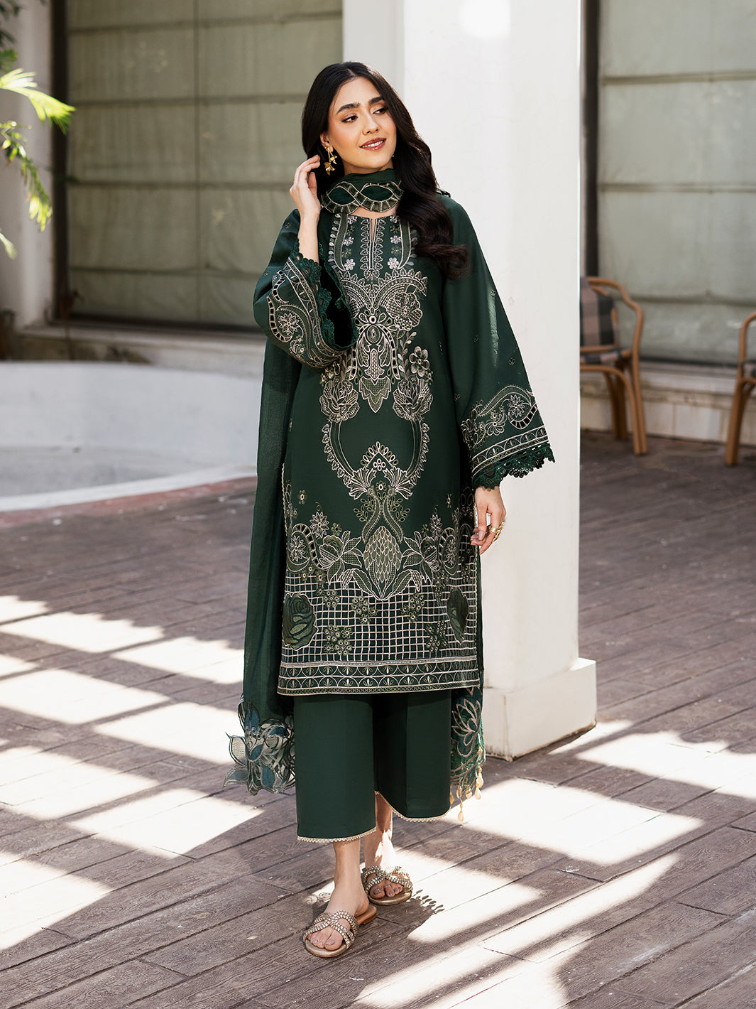 Fatin – Regal Bottle Green Luxury Embroidered Lawn Ensemble Unstitched Suit  For Women