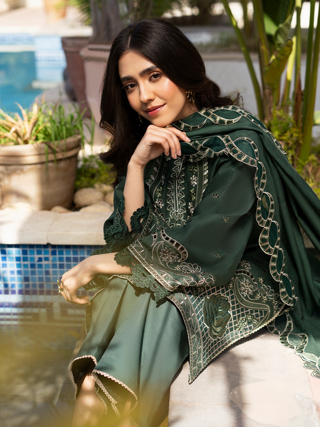 Fatin – Regal Bottle Green Luxury Embroidered Lawn Ensemble Unstitched Suit  For Women