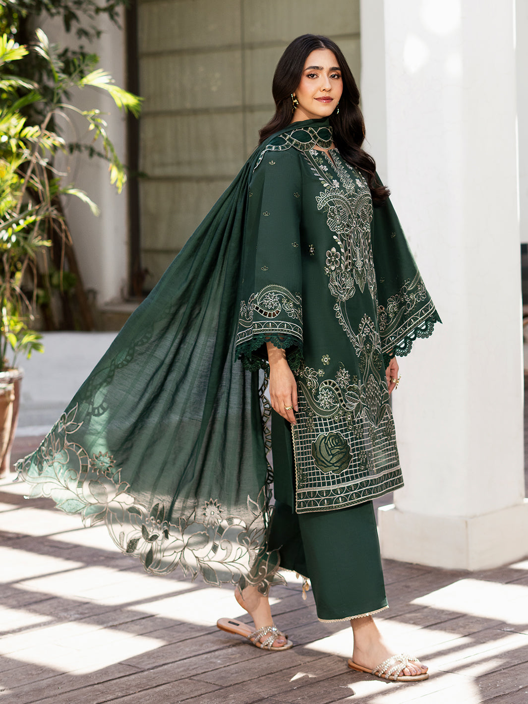 Fatin – Regal Bottle Green Luxury Embroidered Lawn Ensemble Unstitched Suit  For Women