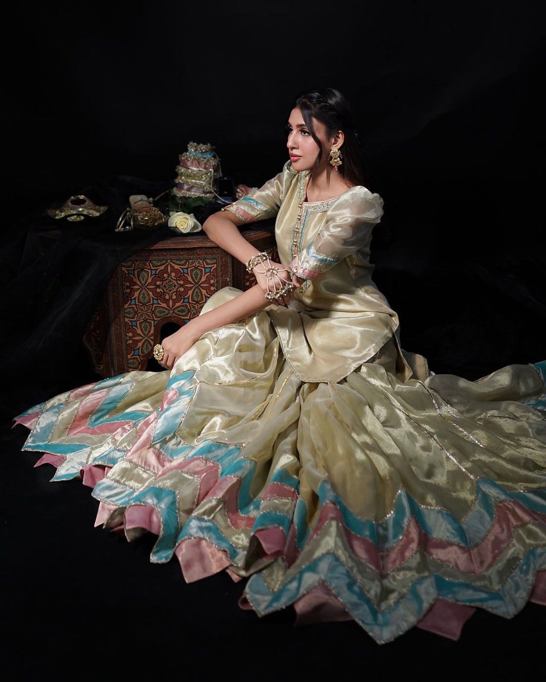 Golden 3-Piece Patchwork Tissue Gharara – Laqaa For Women