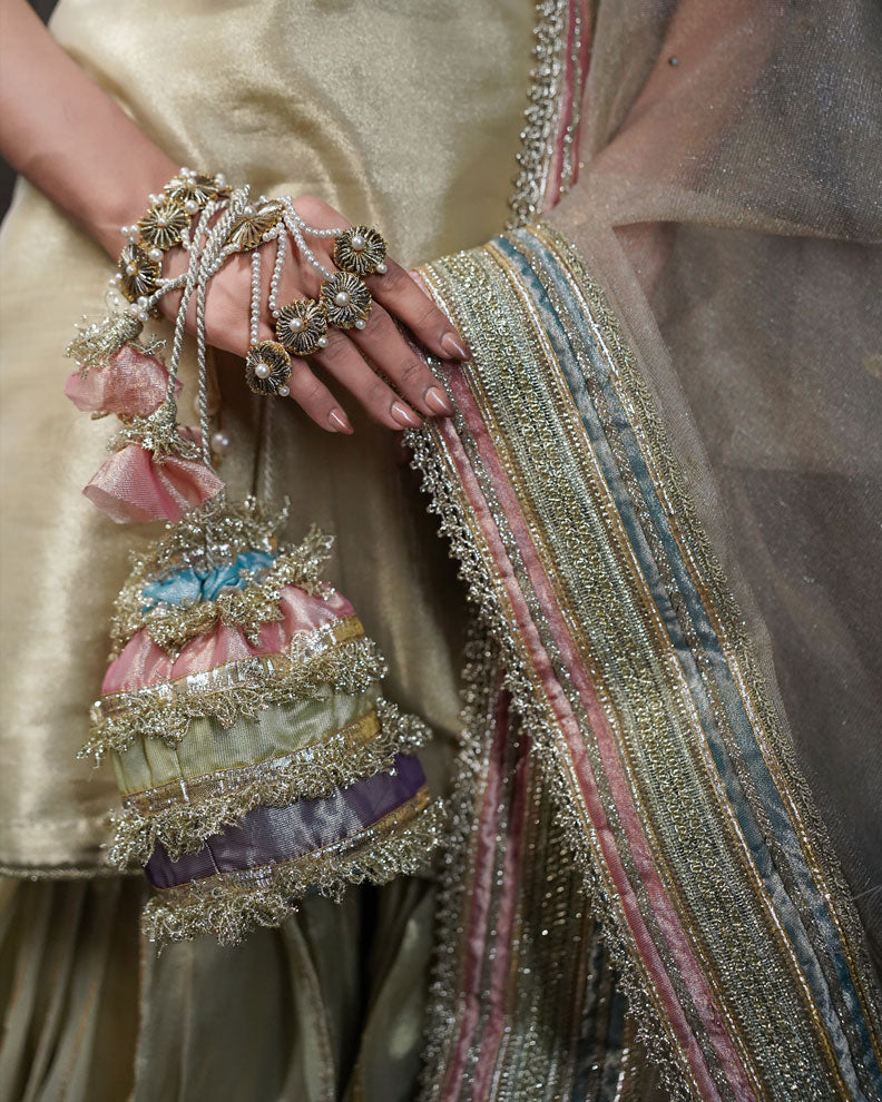 Golden 3-Piece Patchwork Tissue Gharara – Laqaa For Women