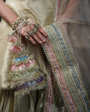 Golden 3-Piece Patchwork Tissue Gharara – Laqaa For Women