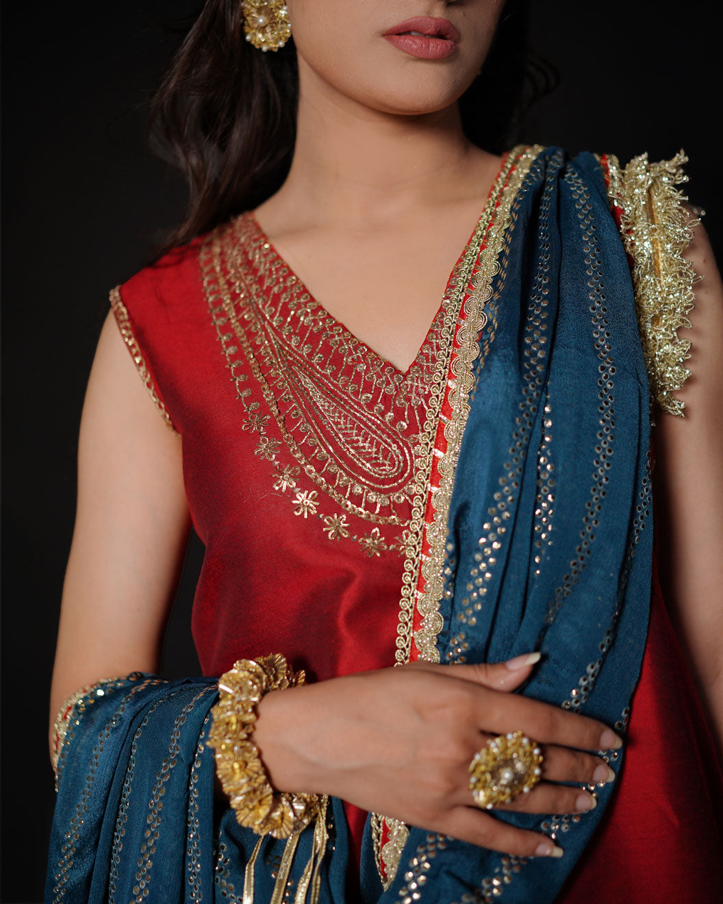 Red 3-Piece Embroidered Cotton Silk Suit – Keva For Women