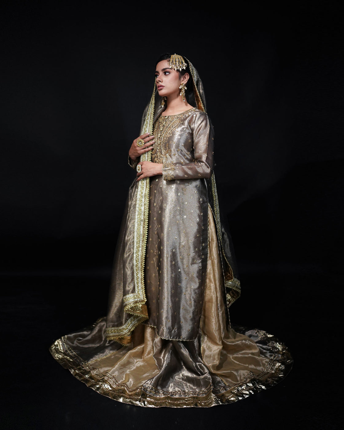 Grey and Golden 3-Piece Embroidered Tissue Lehenga – Saanvi For Women