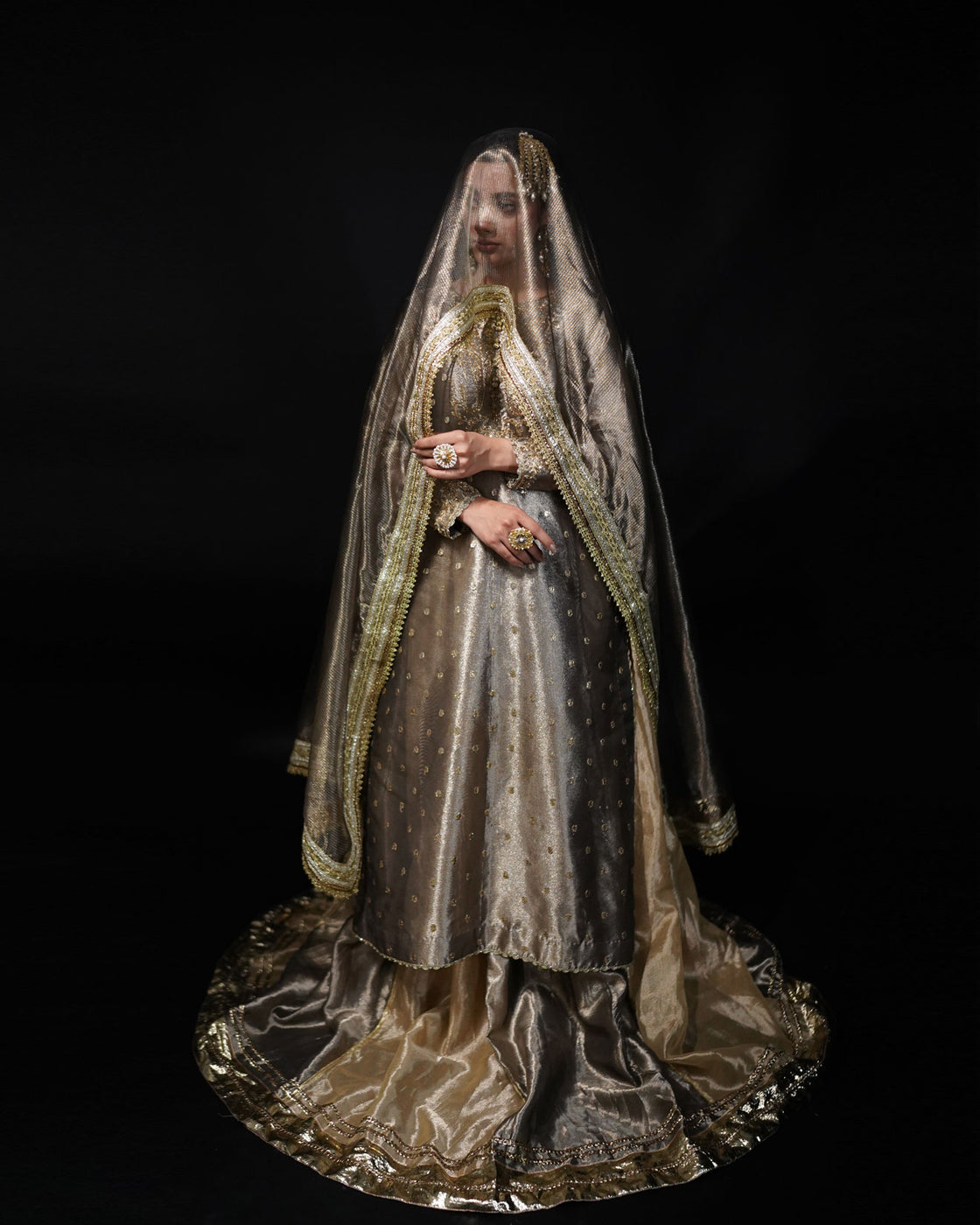 Grey and Golden 3-Piece Embroidered Tissue Lehenga – Saanvi For Women